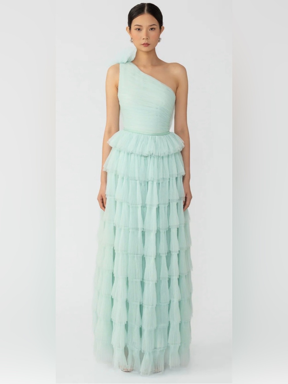 One-Shoulder Mint Green sau lee Tulle Gown